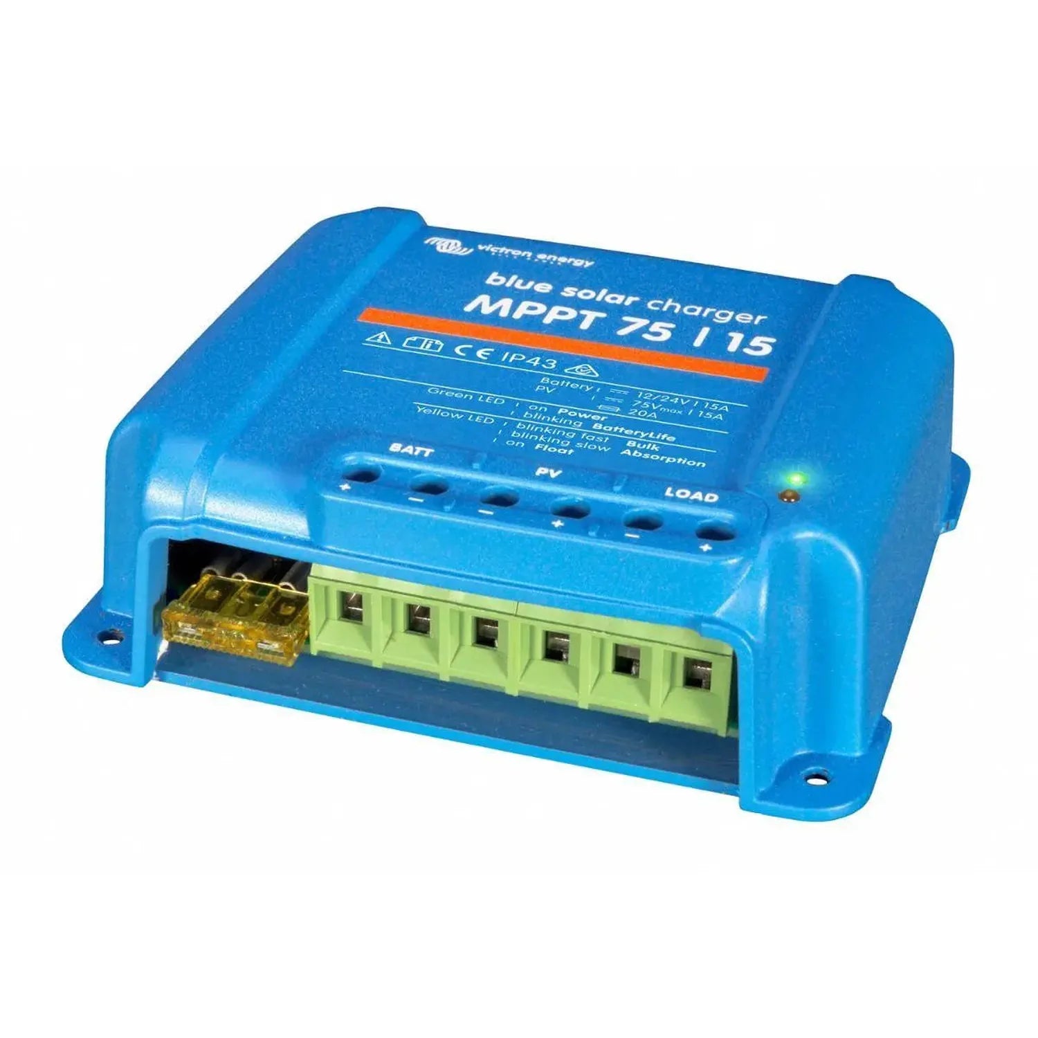 Blue Victron BlueSolar MPPT 75/15 solar charge controller with green terminal block connectors visible on bottom, mounted at 