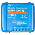 Victron BlueSolar MPPT 100/15 charge controller, blue device with terminal connections and LED indicators.