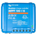 Victron Energy BlueSolar MPPT 100/15 charge controller, blue enclosure with terminal connections and LED indicators.