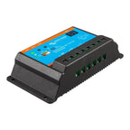 Victron BlueSolar PWM charge controller with blue display panel and black housing showing green terminal connectors and mount