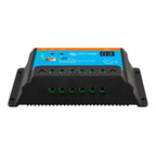 Victron BlueSolar PWM Light solar charge controller, 12/24V 20A model, shown from above displaying blue control panel with st