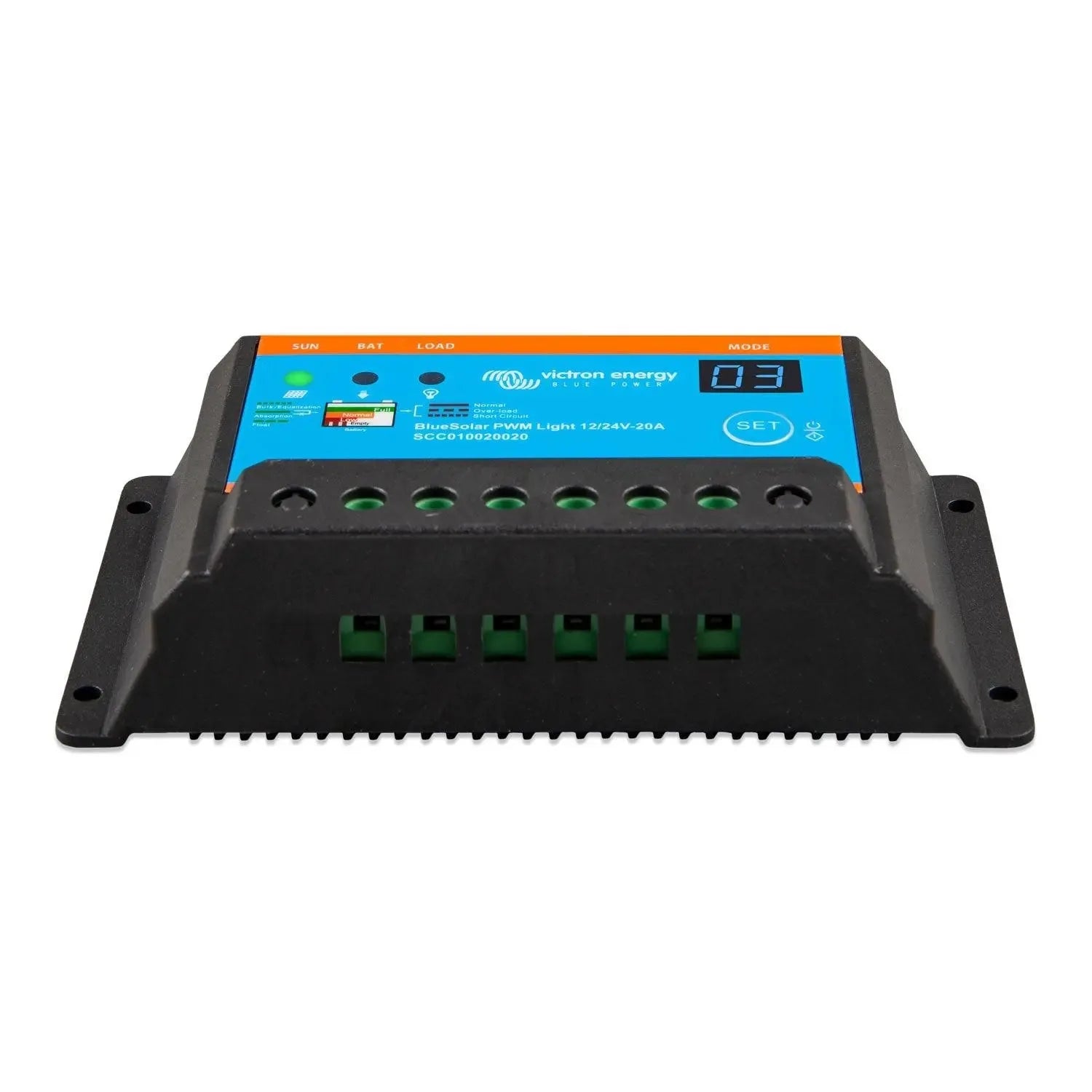 Victron BlueSolar PWM Light solar charge controller, 12/24V 20A model, shown from above displaying blue control panel with st