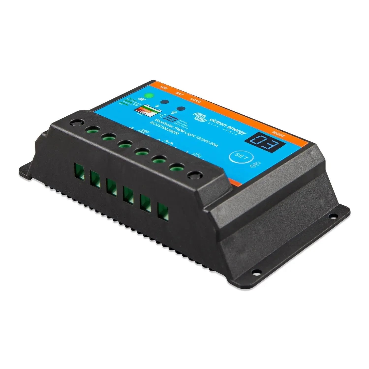 Victron BlueSolar PWM charge controller with blue and orange display panel mounted on black base with green terminal connecto