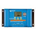 Victron Energy BlueSolar PWM Charge Controller with LCD display showing 144V, three yellow control buttons, 5V/2A USB port, a