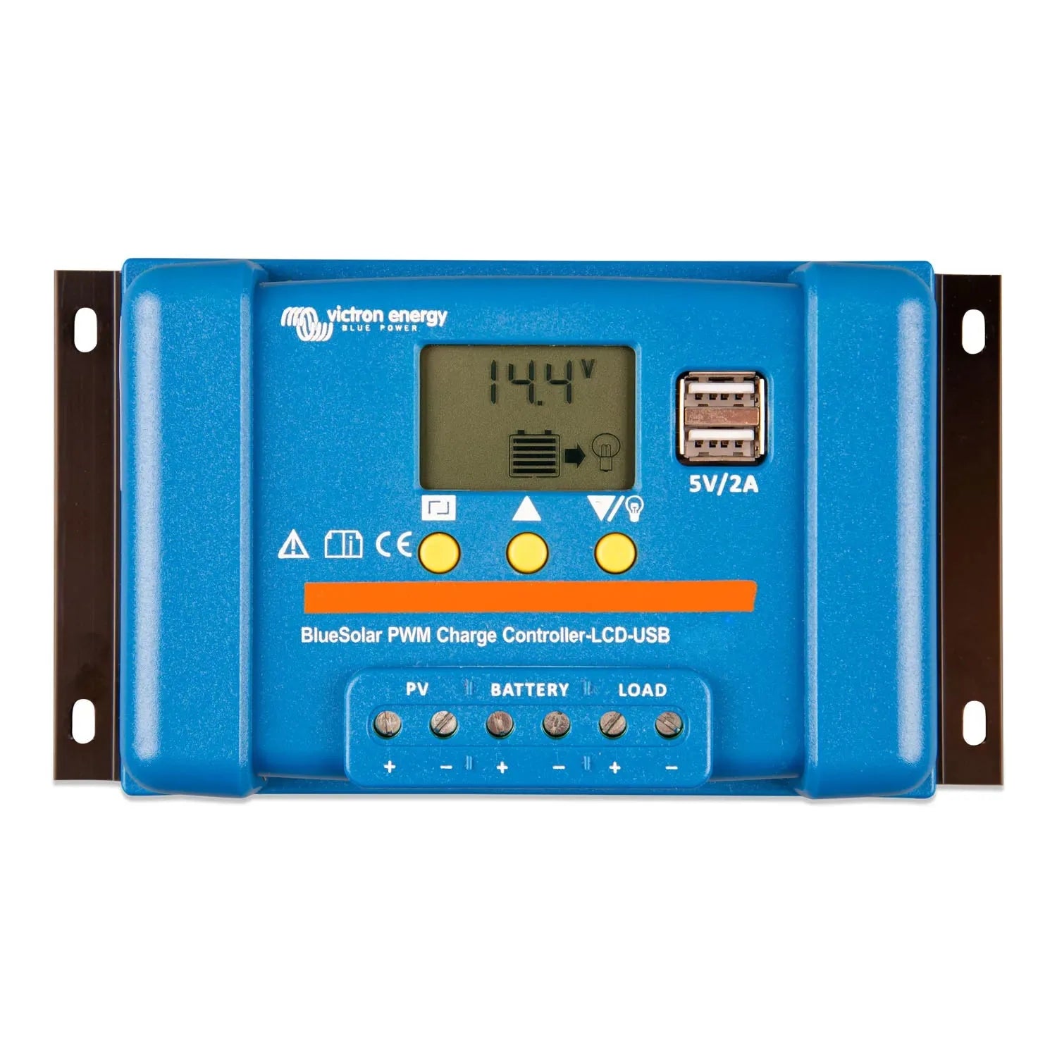 Victron Energy BlueSolar PWM Charge Controller with LCD display showing 144V, three yellow control buttons, 5V/2A USB port, a