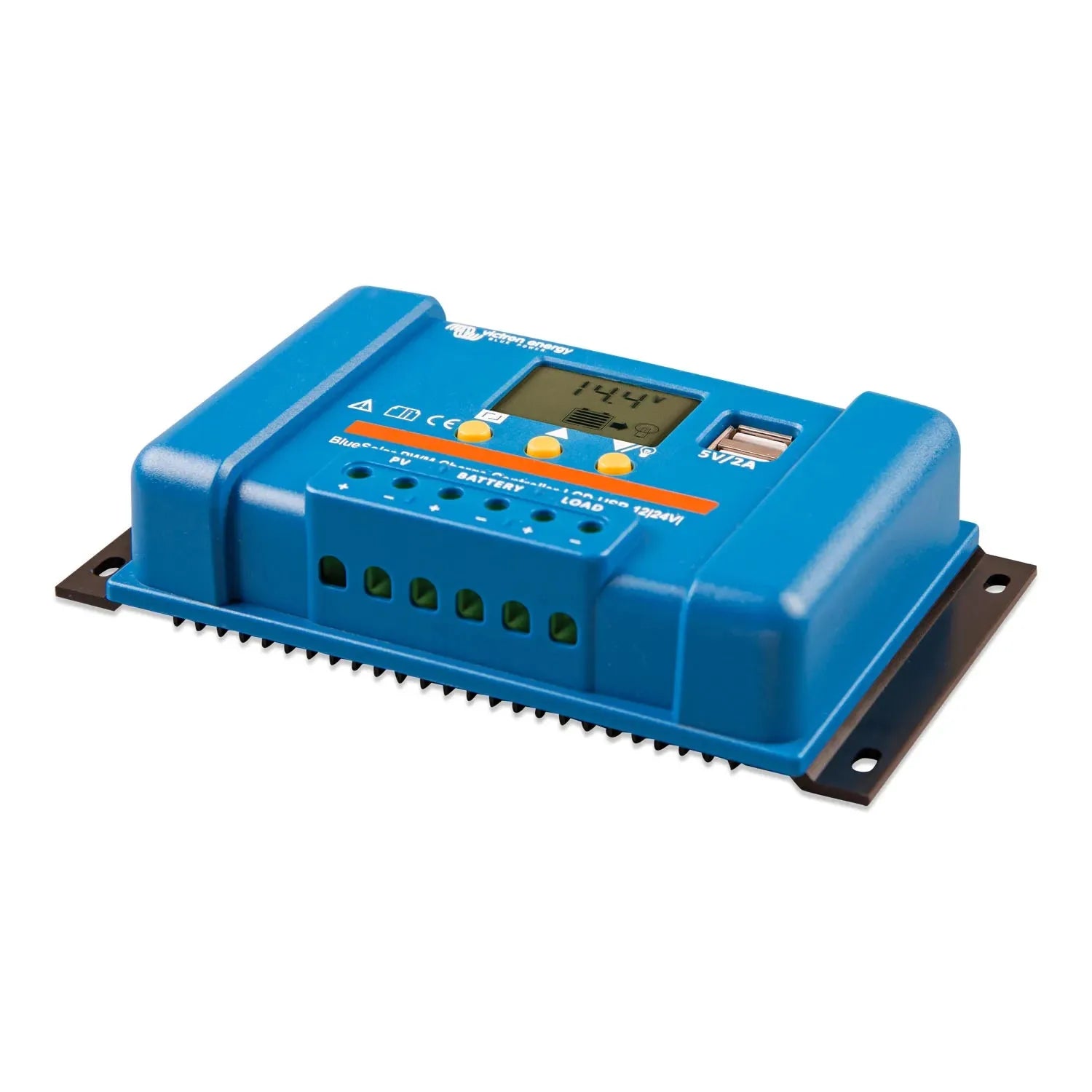Blue solar charge controller with digital LCD display, three orange buttons, terminal connectors, and mounting bracket agains