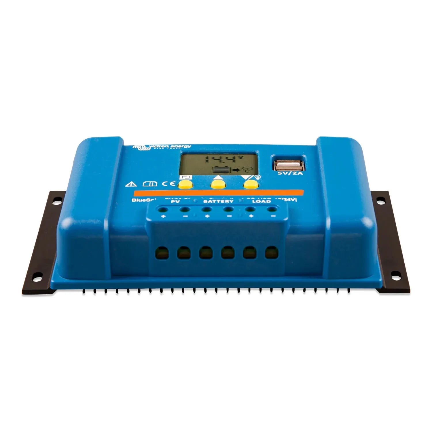Blue solar charge controller with LCD display showing 144V, three control buttons, USB port, and terminal connections for PV,