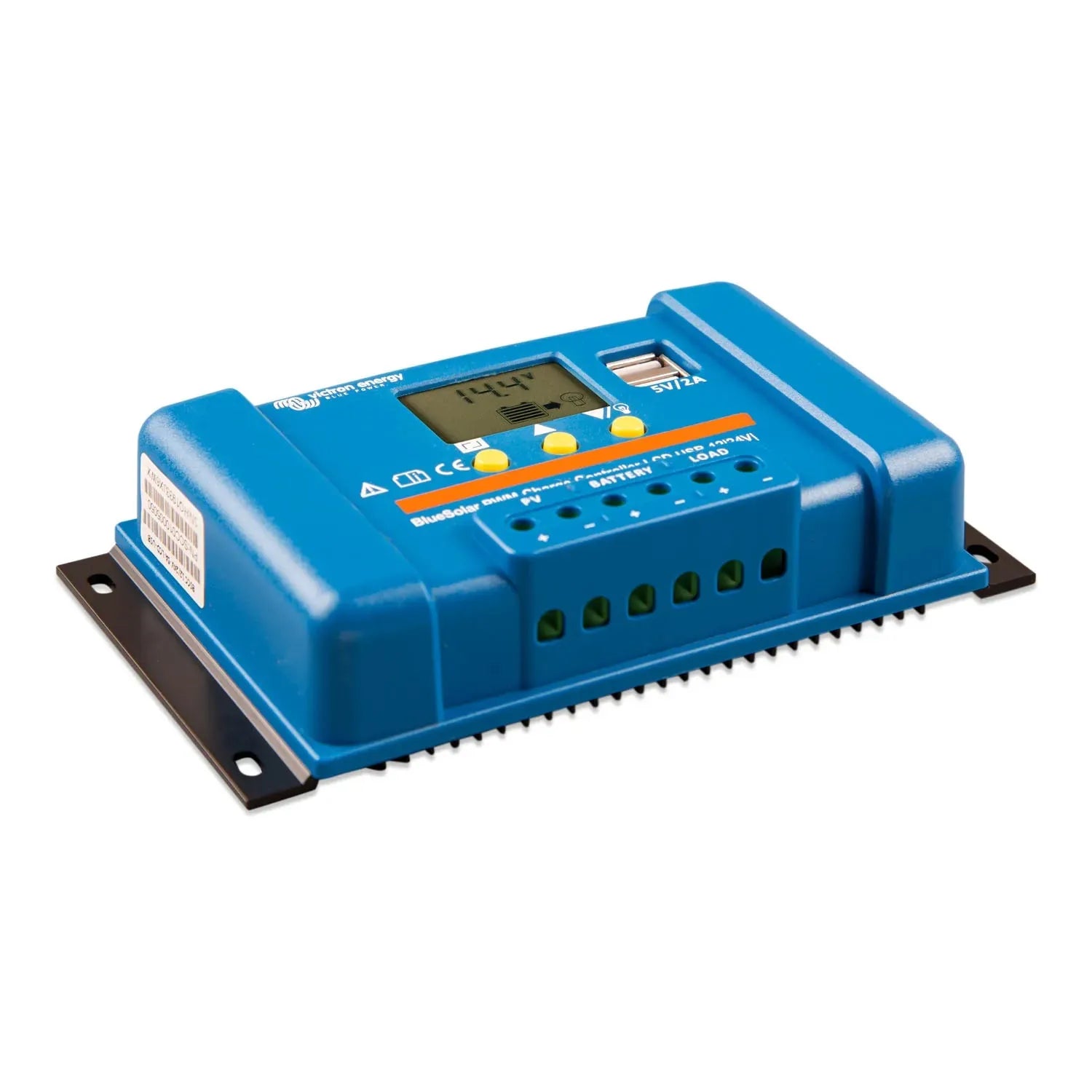 Blue rectangular solar charge controller with LCD display and two yellow buttons, mounted on black bracket, terminal connecti