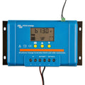 Victron BlueSolar Charge Controller DUO displaying 6.13 volts on LCD screen with three yellow control buttons and terminal co