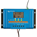 Victron BlueSolar Charge Controller DUO displaying 6.13 volts on LCD screen with three yellow control buttons and terminal co
