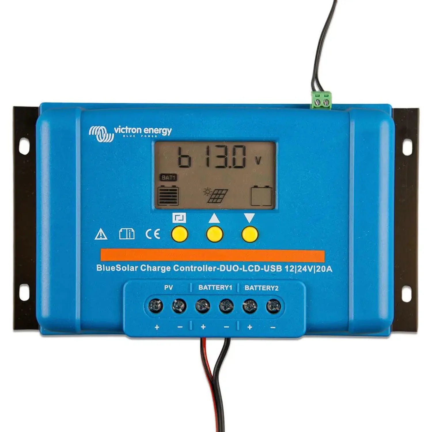 Victron BlueSolar Charge Controller DUO displaying 6.13 volts on LCD screen with three yellow control buttons and terminal co