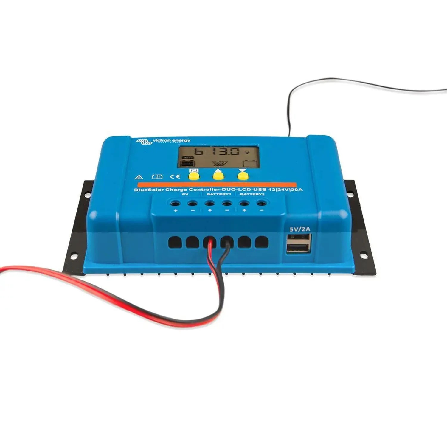 Victron BlueSolar blue charge controller with LCD display showing 6130V, mounted on black bracket with red and black cable co
