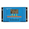 Victron Energy BlueSolar Charge Controller with LCD display showing 61.3V, three yellow buttons, and terminal connections for
