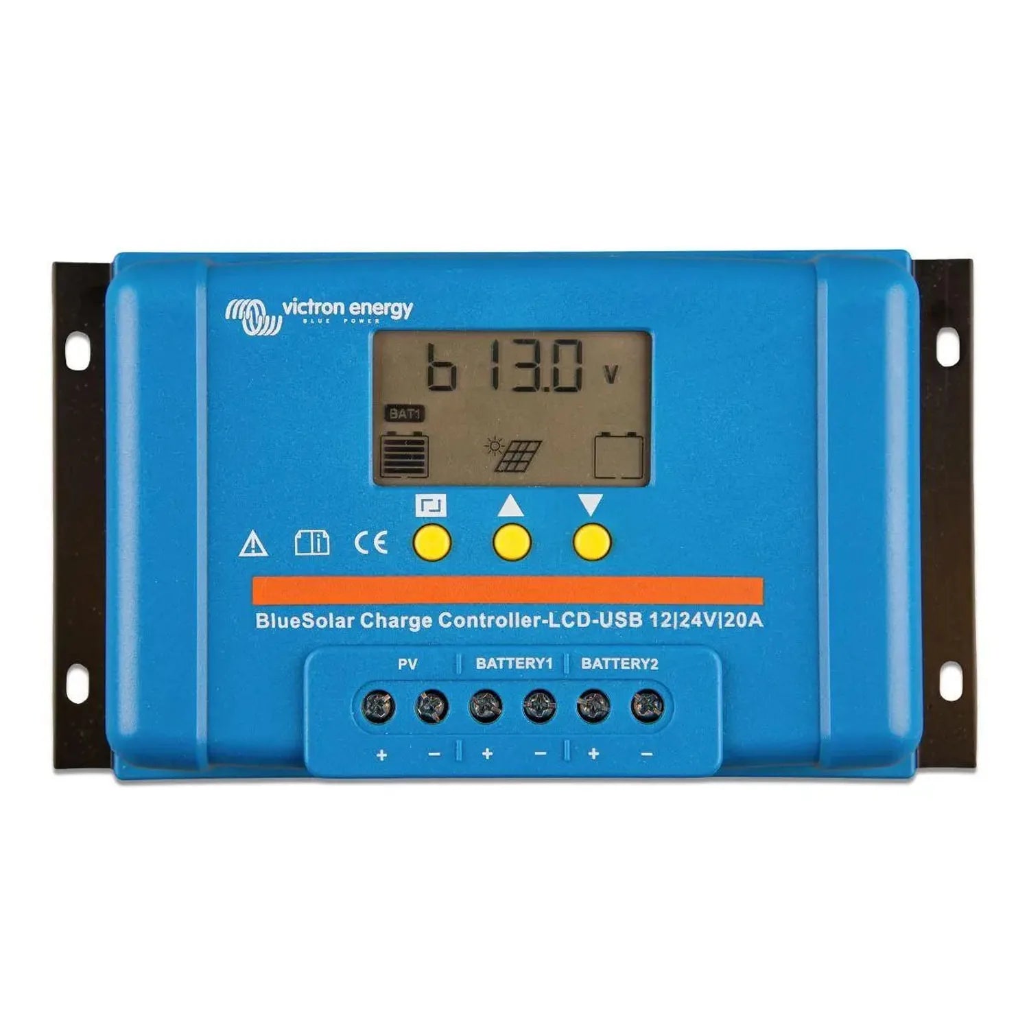 Victron Energy BlueSolar Charge Controller with LCD display showing 61.3V, three yellow buttons, and terminal connections for