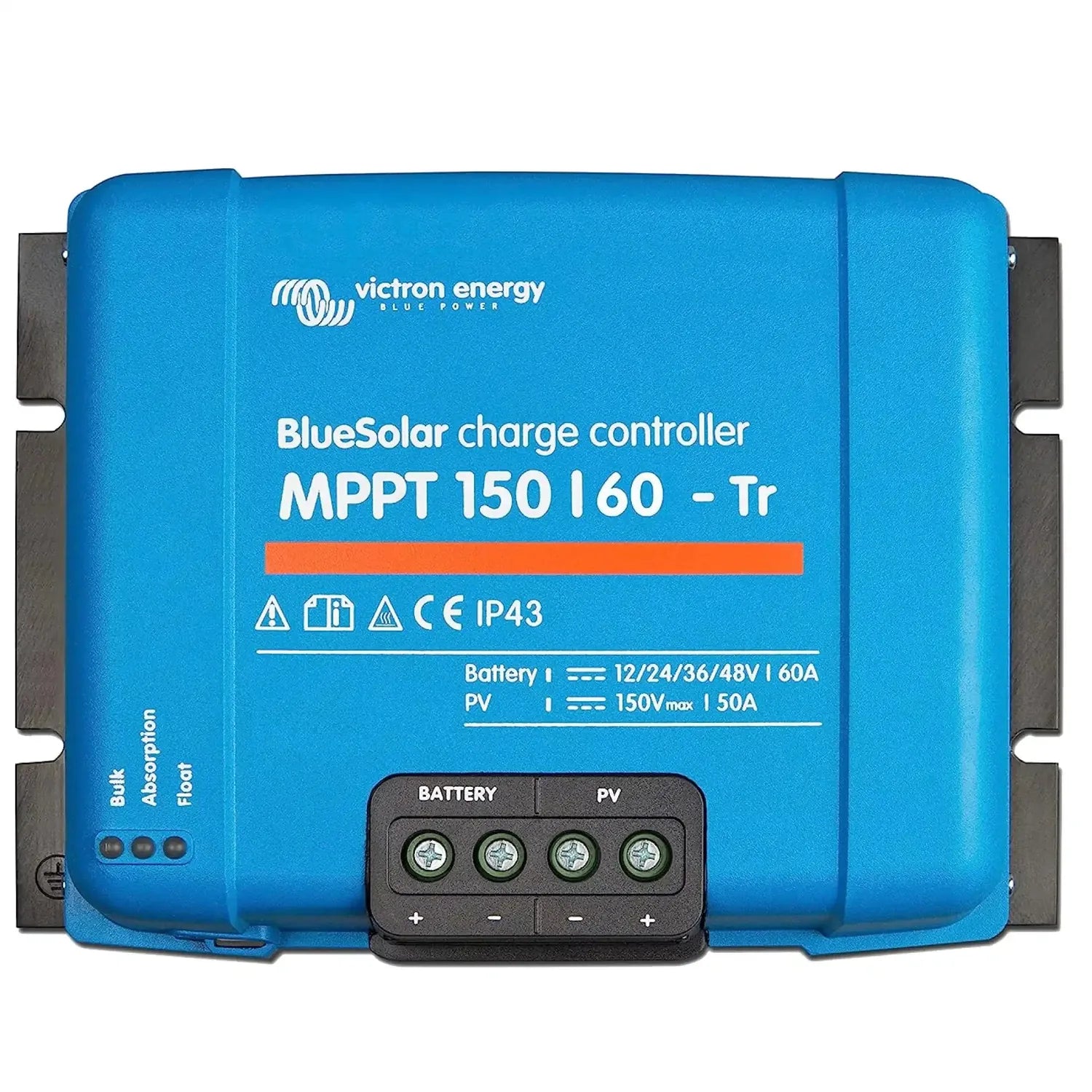 Victron Energy BlueSolar MPPT 150/60-Tr charge controller, blue rectangular device with terminal block connectors and status 