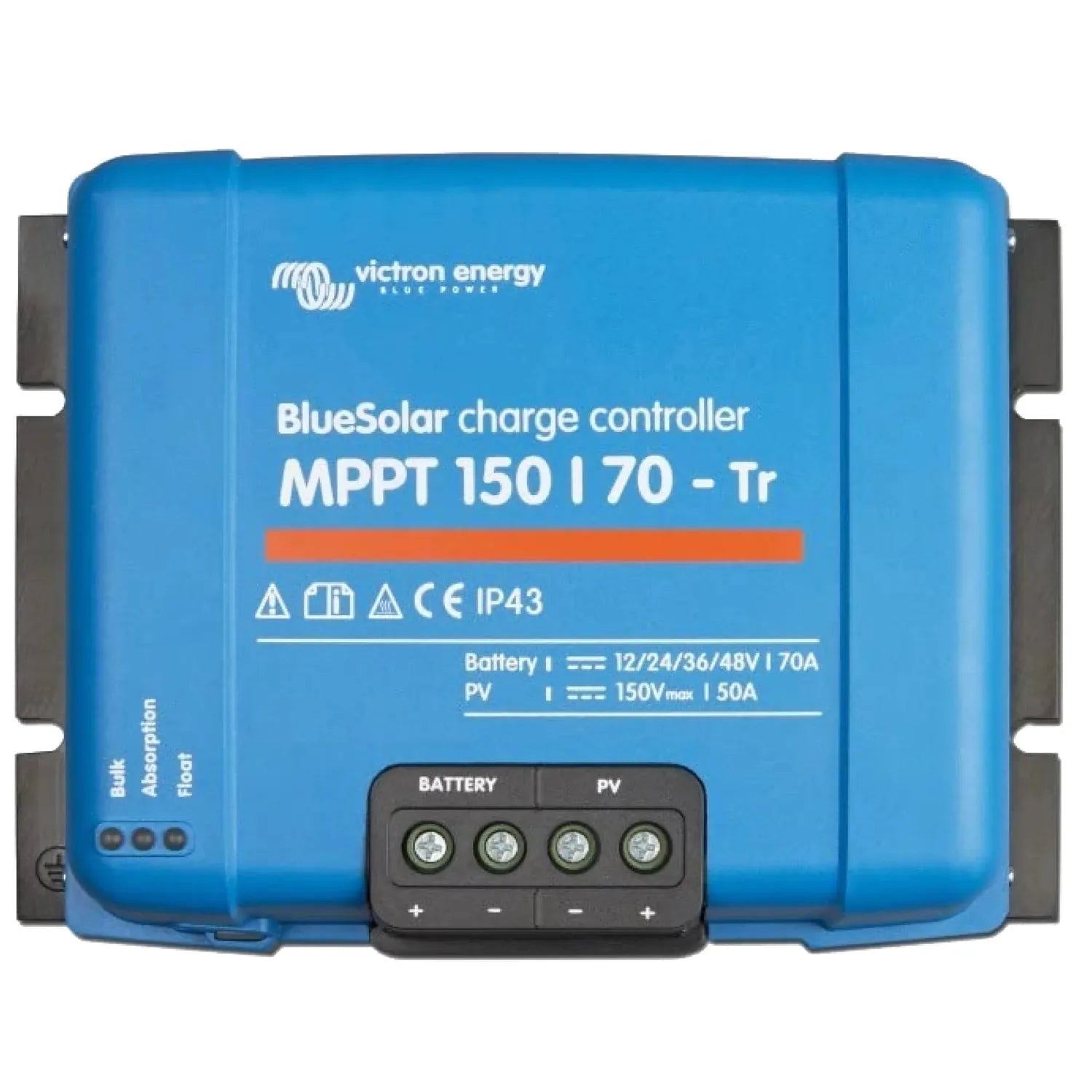 Victron BlueSolar MPPT 150/70-Tr charge controller, blue rectangular device with battery and PV terminal connectors shown aga