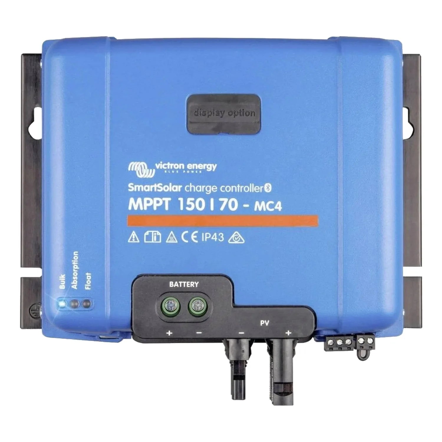 Victron Energy SmartSolar MPPT 150/70-MC4 charge controller, blue rectangular unit with battery terminals and PV connectors v