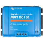 Victron Energy BlueSolar MPPT 100/30 charge controller, bright blue rectangular device with terminal connectors and control k