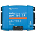 Victron BlueSolar MPPT 150/35 charge controller, bright blue rectangular device with black side terminals and control panel f