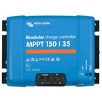 Victron BlueSolar MPPT 150/35 charge controller, bright blue rectangular device with black side terminals and control panel f