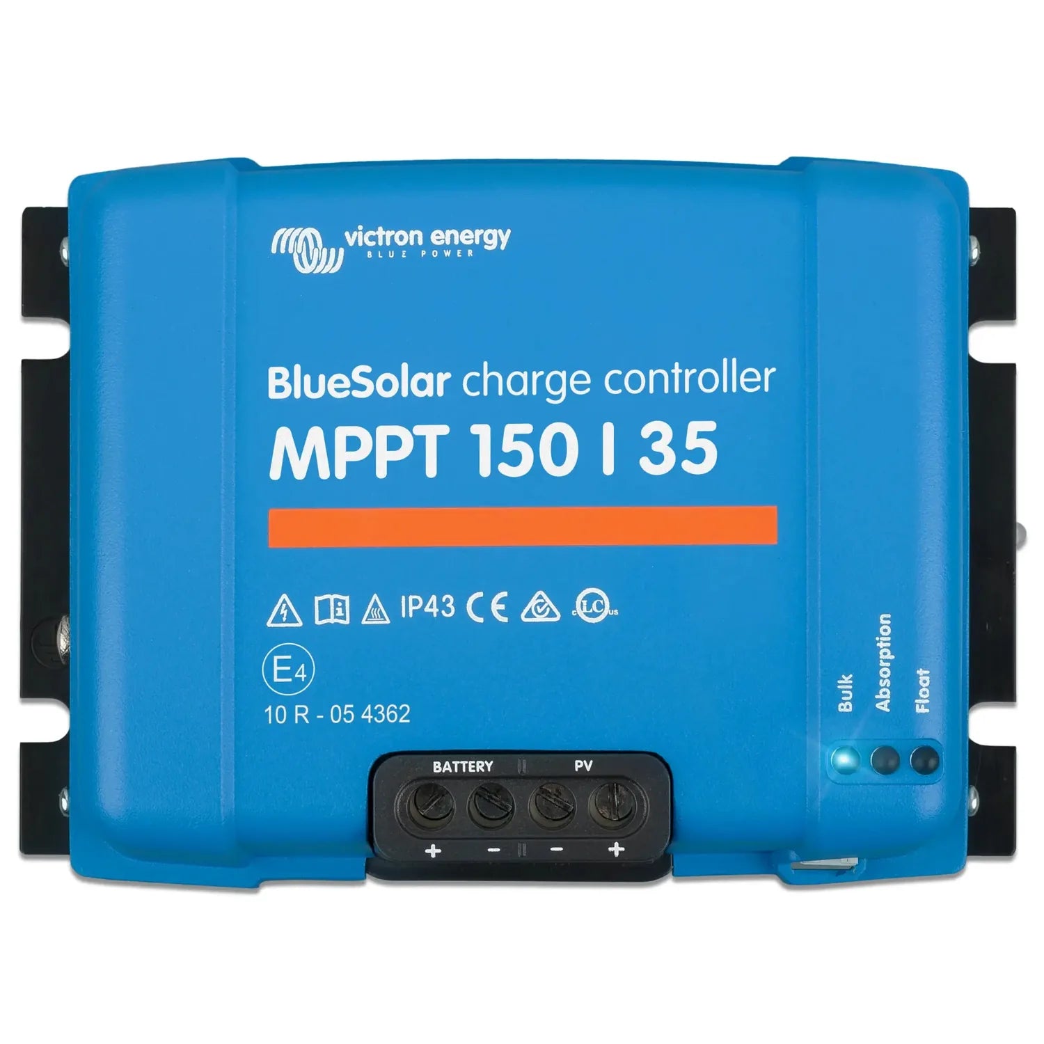 Victron BlueSolar MPPT 150/35 charge controller, bright blue rectangular device with black side terminals and control panel f