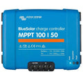 Victron BlueSolar MPPT 100/50 charge controller, blue rectangular device with terminal connections and indicator lights.