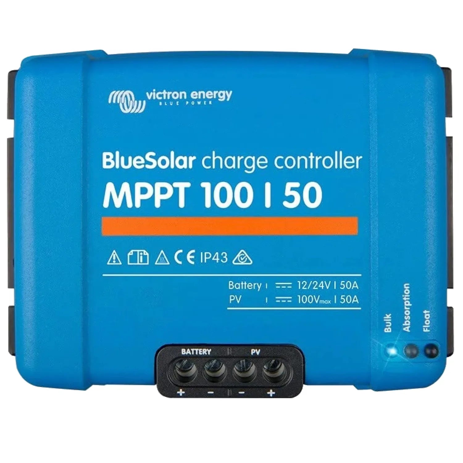 Victron BlueSolar MPPT 100/50 charge controller, blue rectangular device with terminal connections and indicator lights.