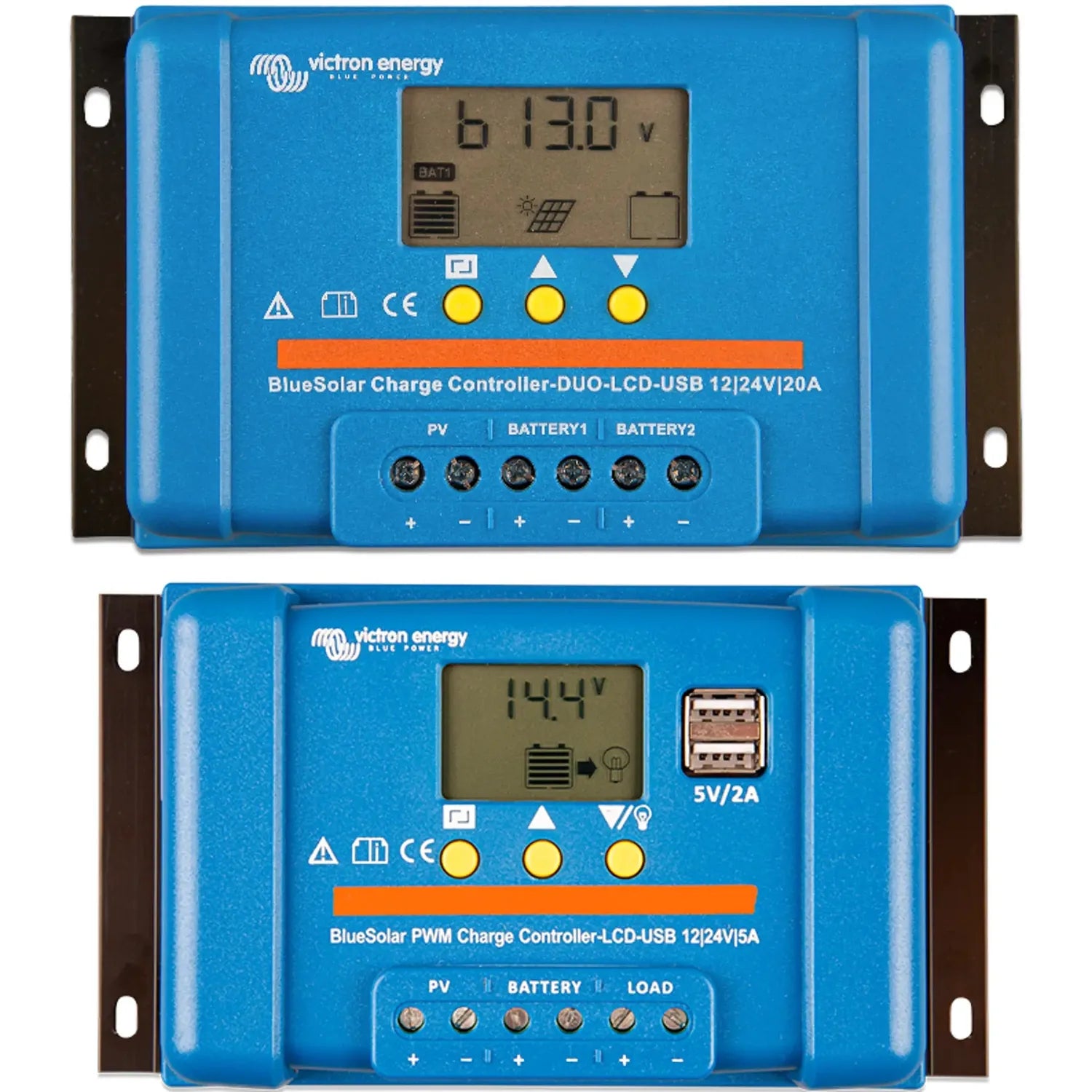 Two Victron BlueSolar charge controllers displayed front-facing, showing LCD displays, control buttons, and terminal connecti