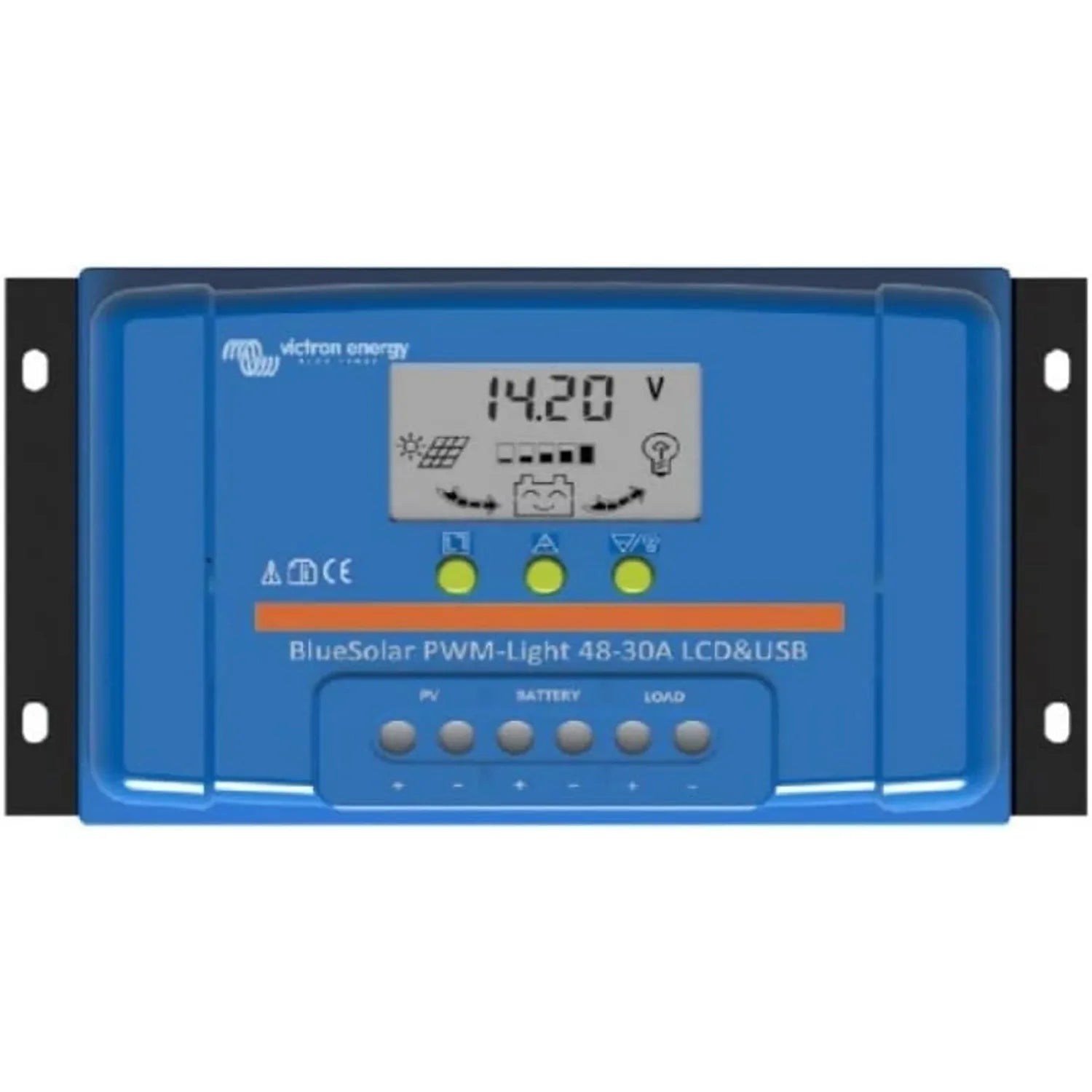 Victron BlueSolar PWM-Light 48-30A solar charge controller with LCD display showing 14.27V, three yellow button controls, and