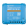 Blue rectangular Victron SmartSolar MPPT 75/10 charge controller with terminal connections and indicator LEDs, front product 