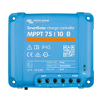 Blue rectangular Victron SmartSolar MPPT 75/10 charge controller with terminal connections and indicator LEDs, front product 