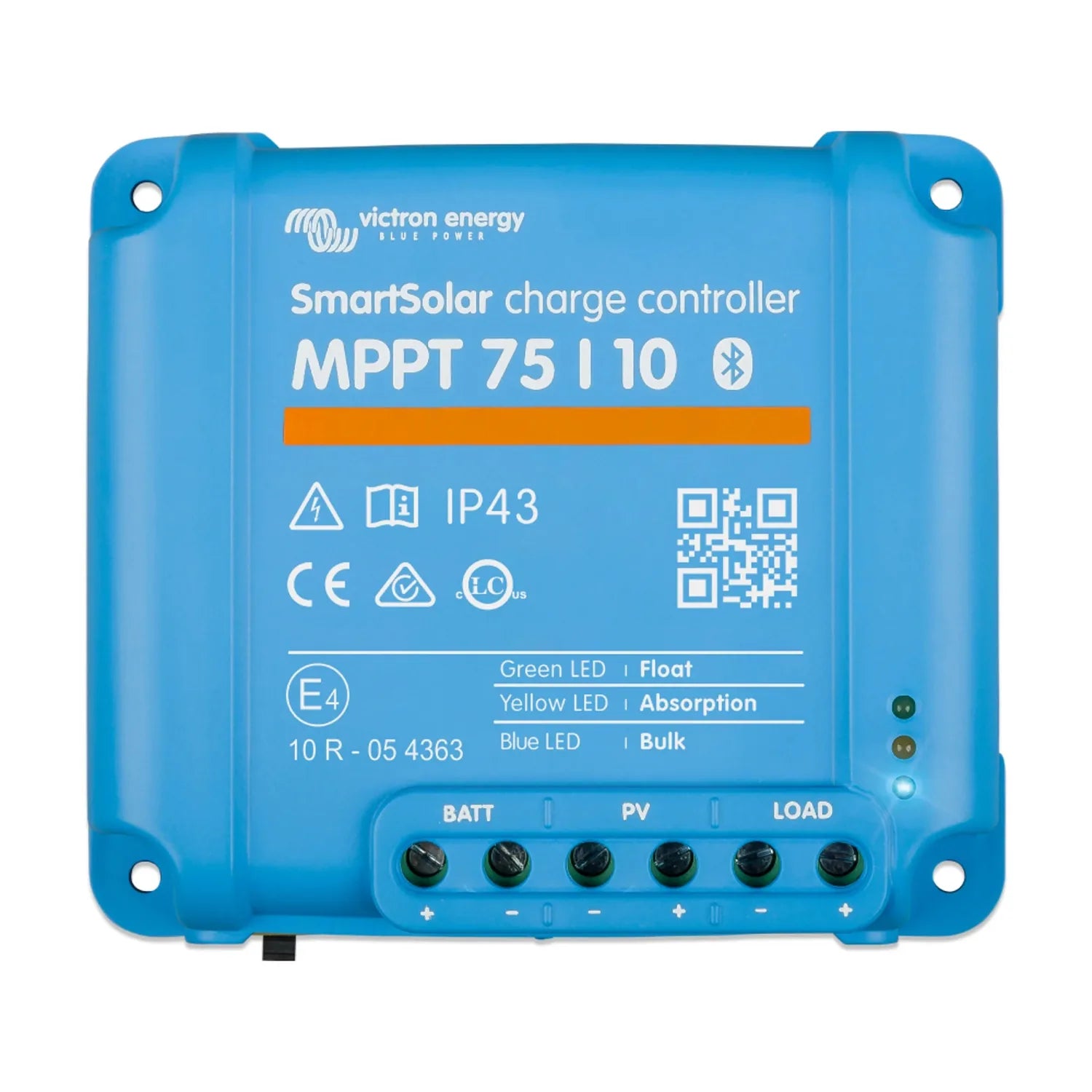 Blue rectangular Victron SmartSolar MPPT 75/10 charge controller with terminal connections and indicator LEDs, front product 