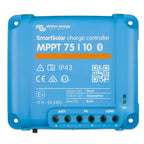 Victron Energy blue SmartSolar MPPT 75/10 charge controller with mounting holes, terminal blocks, and status LED indicators.