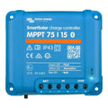 Victron Energy SmartSolar MPPT 75/15 charge controller, blue device with terminal connections and status LEDs visible.