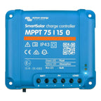 Victron Energy SmartSolar MPPT 75/15 charge controller, blue device with terminal connections and status LEDs visible.