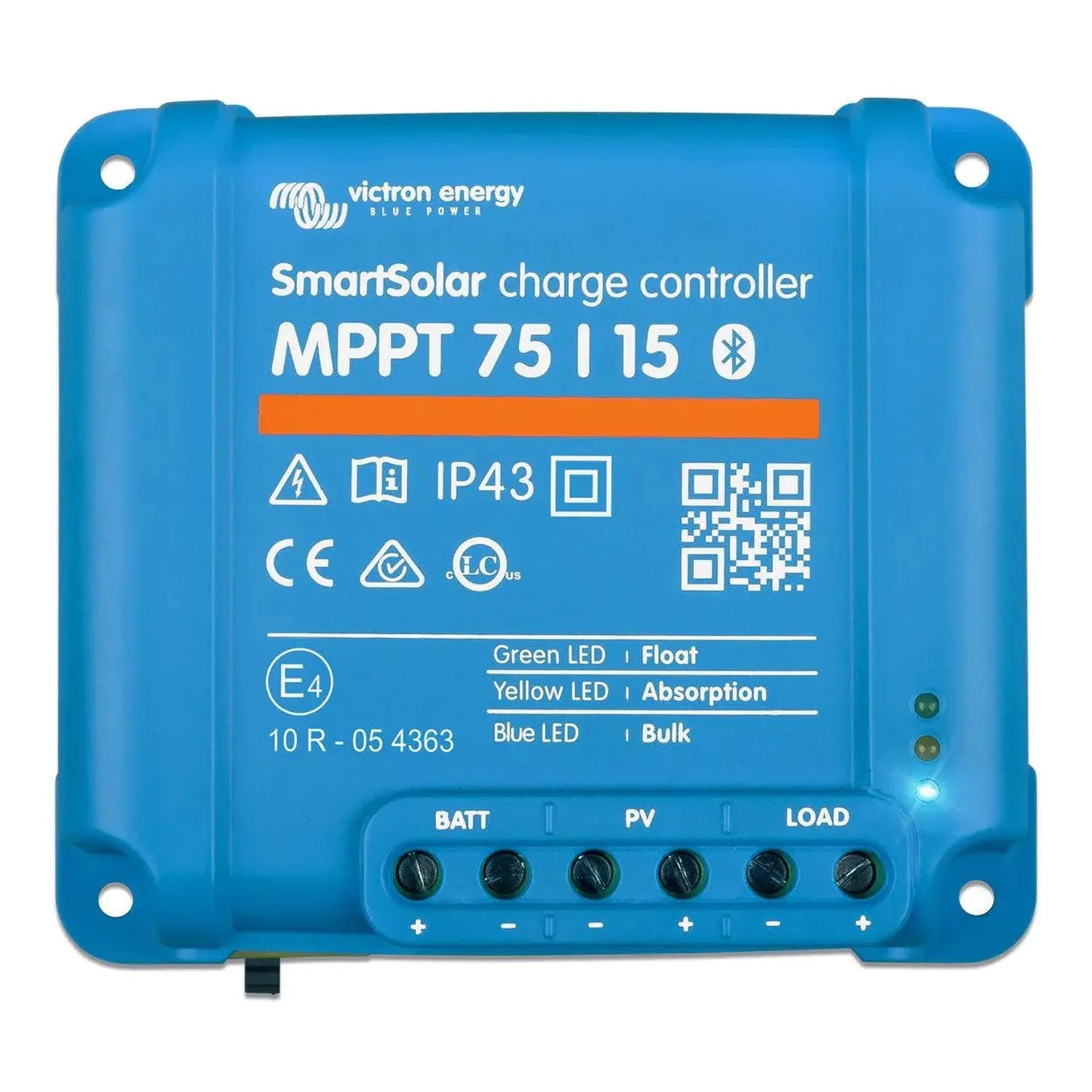 Victron Energy SmartSolar MPPT 75/15 charge controller, blue device with terminal connections and status LEDs visible.