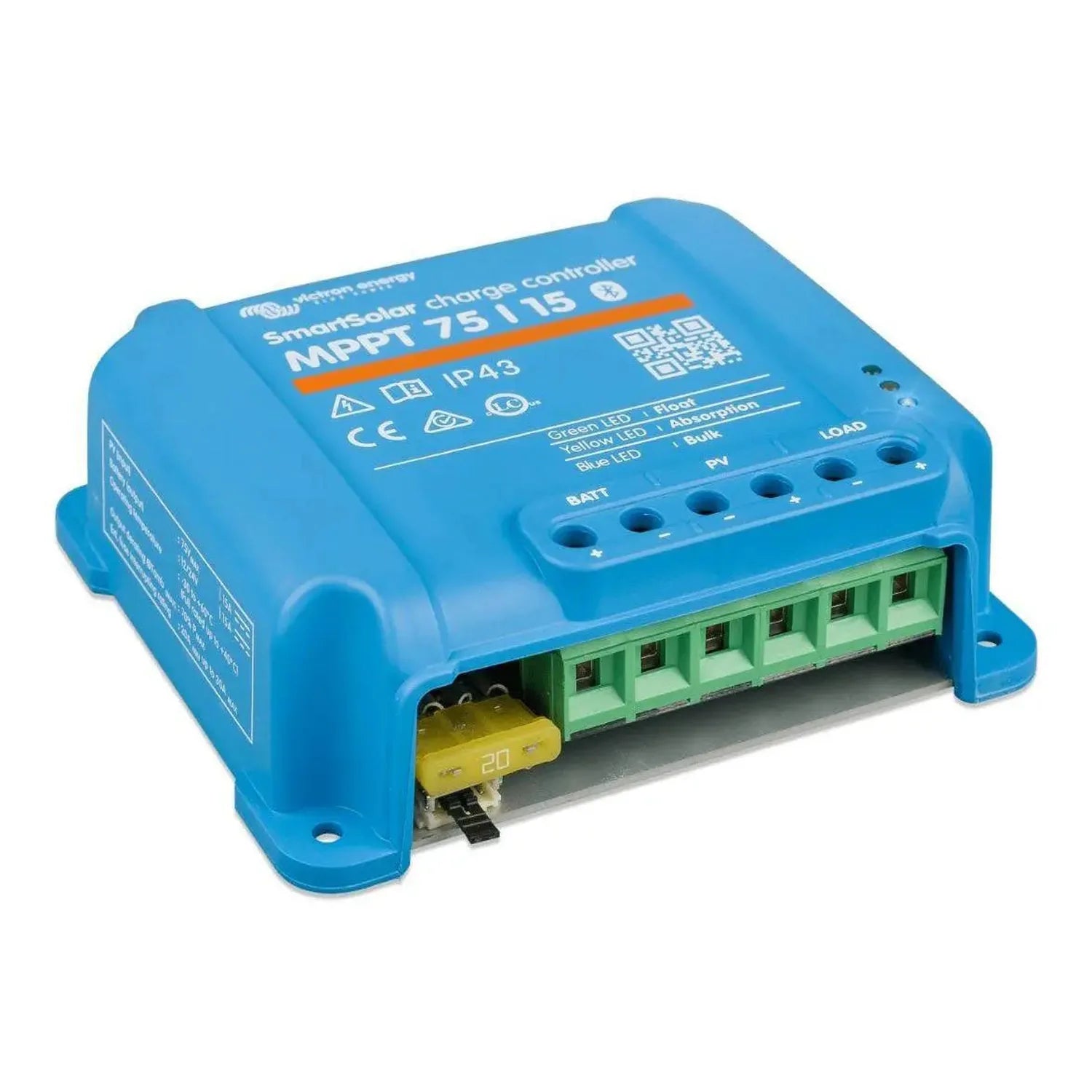 Blue Victron SmartSolar MPPT 75/15 charge controller with green terminal block connectors and yellow fuse visible inside.