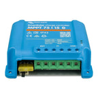 Victron SmartSolar MPPT 75/15 charge controller, blue device with terminal connections and status LEDs visible.