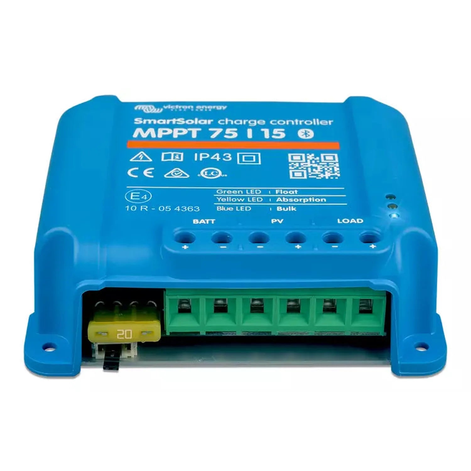 Victron SmartSolar MPPT 75/15 charge controller, blue device shown from above displaying terminal connections and status indi