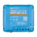Blue Victron SmartSolar MPPT 100|15 charge controller with terminal connectors for battery, solar panel, and load connections