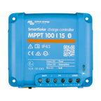 Blue Victron SmartSolar MPPT 100|15 charge controller with terminal connectors for battery, solar panel, and load connections