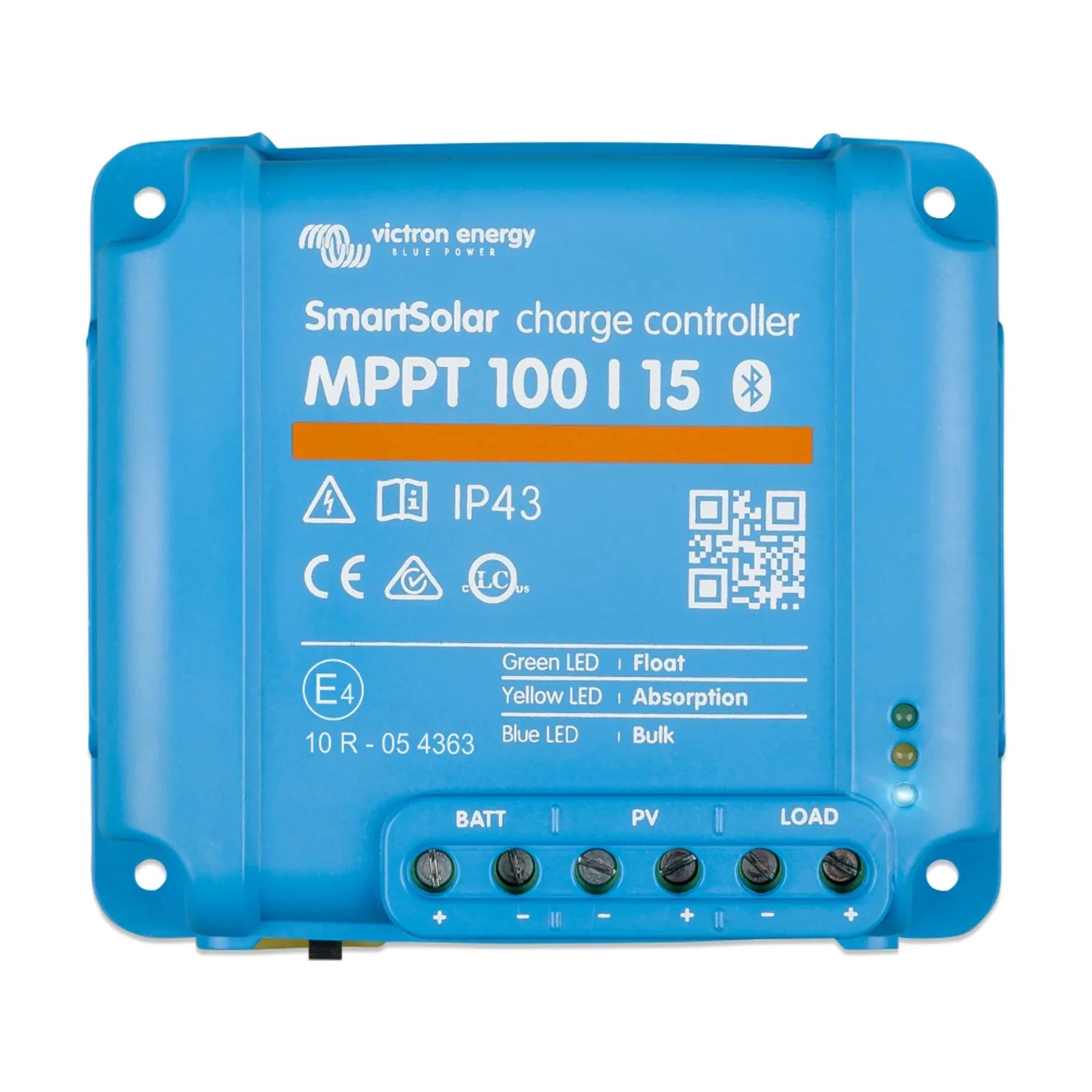 Blue Victron SmartSolar MPPT 100|15 charge controller with terminal connectors for battery, solar panel, and load connections