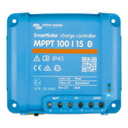 Blue rectangular Victron Energy SmartSolar MPPT 100/15 charge controller with terminal connections and status LEDs visible.