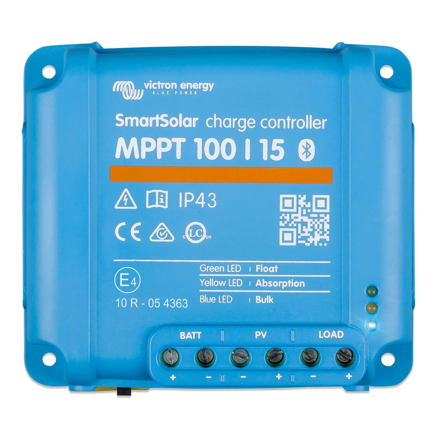 Blue rectangular Victron Energy SmartSolar MPPT 100/15 charge controller with terminal connections and status LEDs visible.