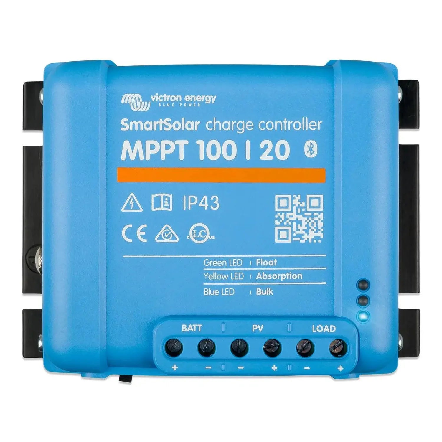 Victron Energy SmartSolar MPPT 100/20 blue charge controller with terminal connections and status LED indicators.