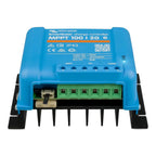 Victron SmartSolar MPPT 100/20 charge controller, blue casing with green terminal block and status LEDs, front view showing c