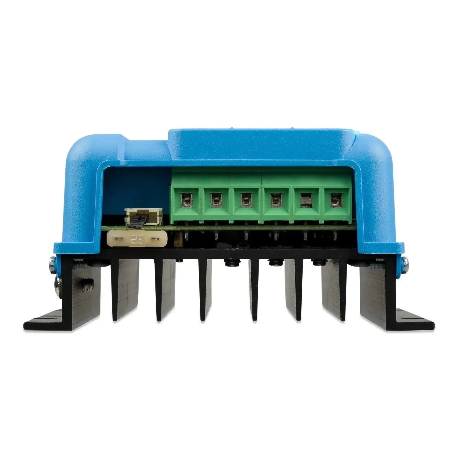 Blue Victron SmartSolar MPPT 100/20 solar charge controller showing internal circuitry with green terminal blocks and control