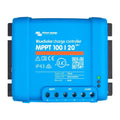 Blue rectangular Victron BlueSolar MPPT 100/20 48V charge controller with terminal connections and three indicator LEDs on ri