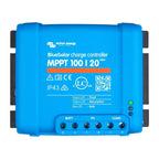 Blue rectangular Victron BlueSolar MPPT 100/20 48V charge controller with terminal connections and three indicator LEDs on ri