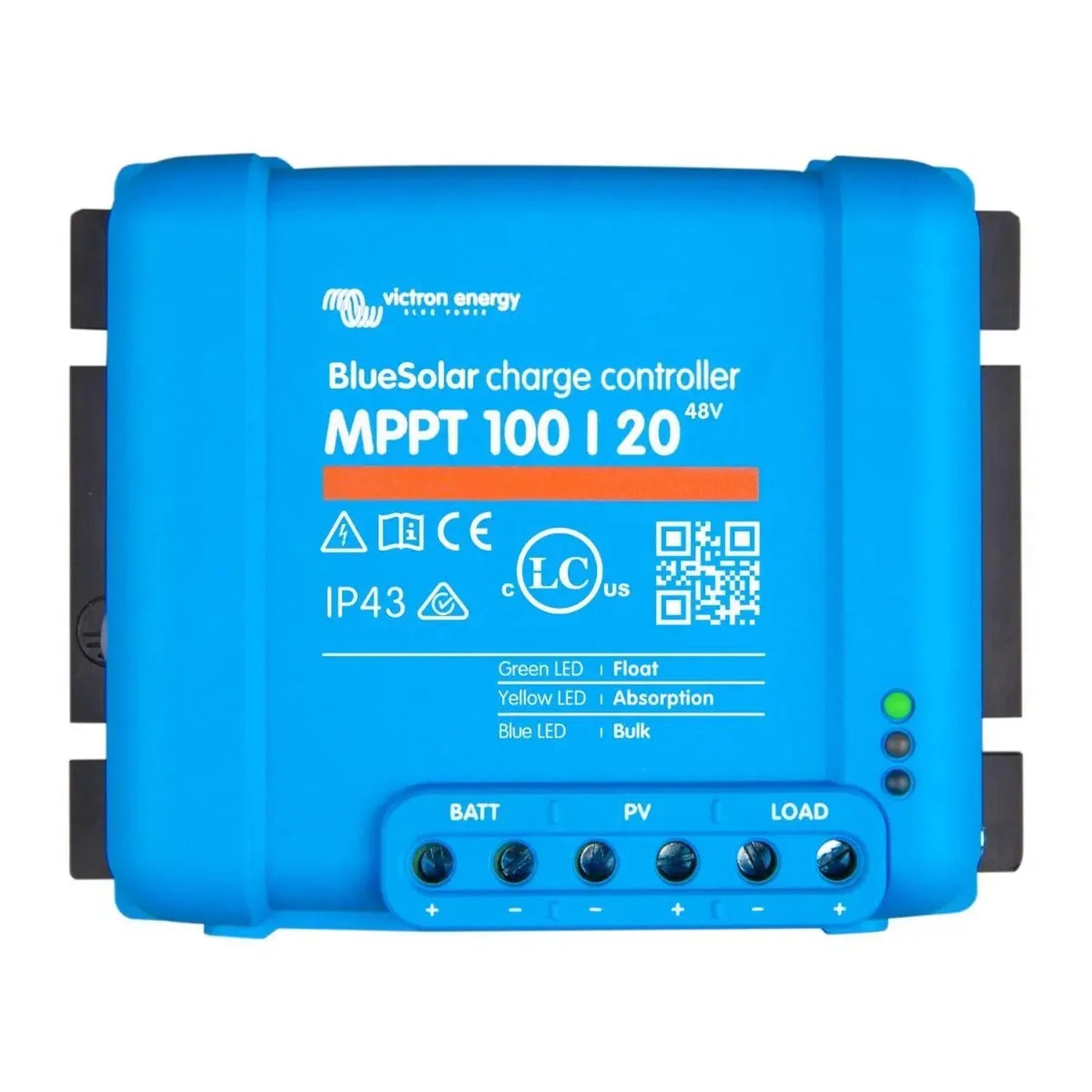 Blue rectangular Victron BlueSolar MPPT 100/20 48V charge controller with terminal connections and three indicator LEDs on ri